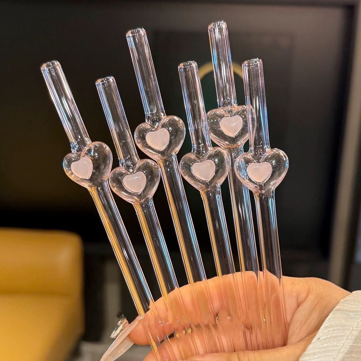 Stasia Glazen Rietje met Hol Roze Hart Set van 5 – Transparant Drinkrietje – Herbruikbaar Glasrietje – Luxe Design
