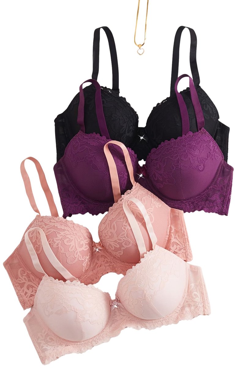 Currero BH Zonder Beugel - Strapless - Zonder Bandjes - Met Voorsluiting - Push-up Bh's - Comfort Beha - Comfortabel - Grote Sluiting - Zwart + Paars + Rode Bonenpasta + Roze - Cupmaat