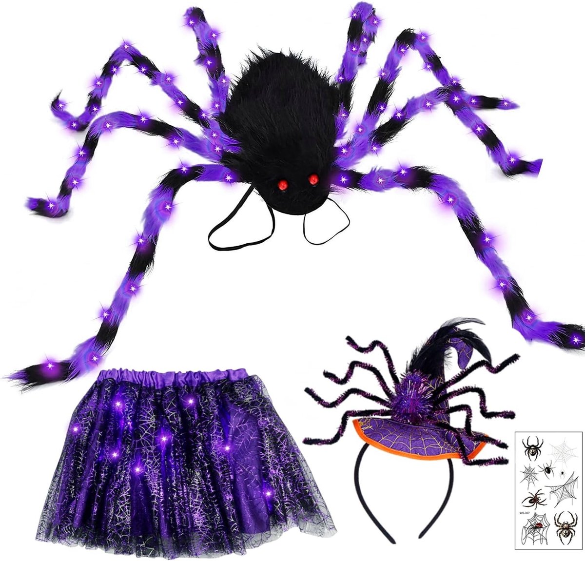 Spinnenkostuum voor Meisjes met LED Verlichting, Tulle Rok en Rugzak voor Halloween en Carnaval