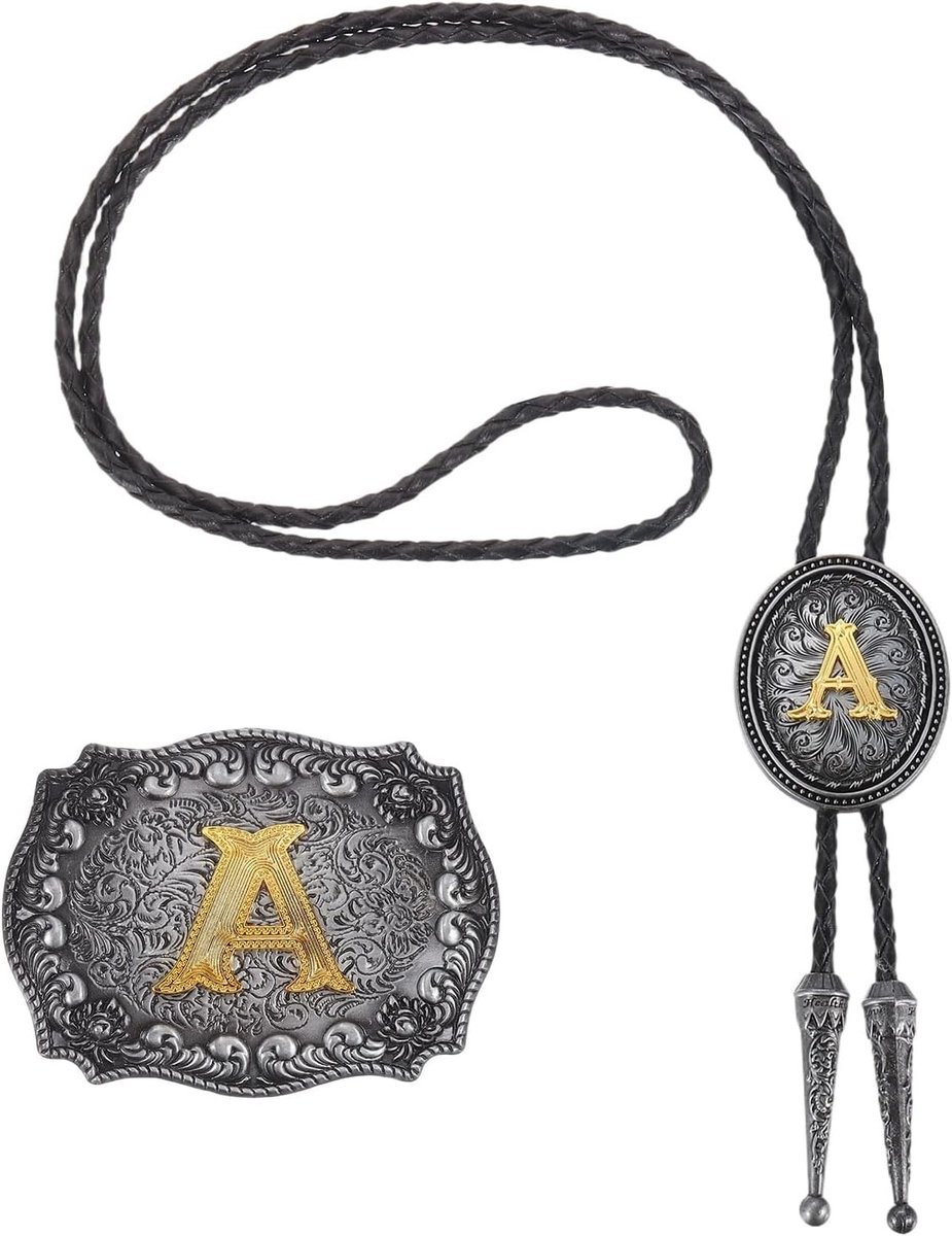 2 x Cowbo stropdas en riemgesp set, leren koord voor mannen en vrouwen, vintage accessoires in grijs en goud, stijlvolle kostuumaccessoires