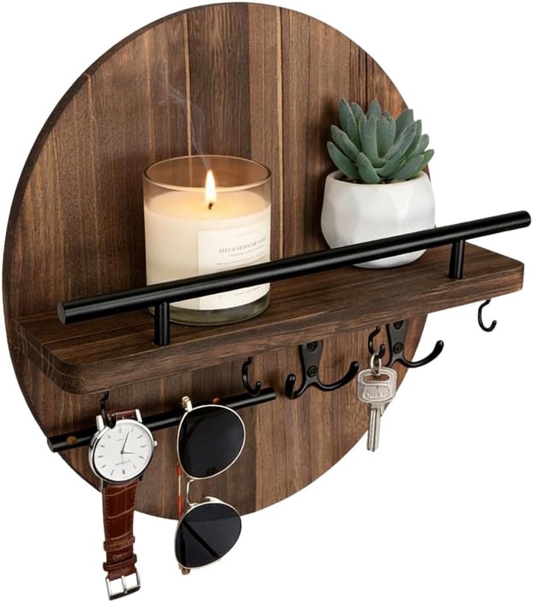Ronde Sleutelhanger met Plank, Vintage Houten Wandplank voor Sleutels, Decoratieve Opbergruimte voor Hal en Entree, 30 x 30 x 12 cm