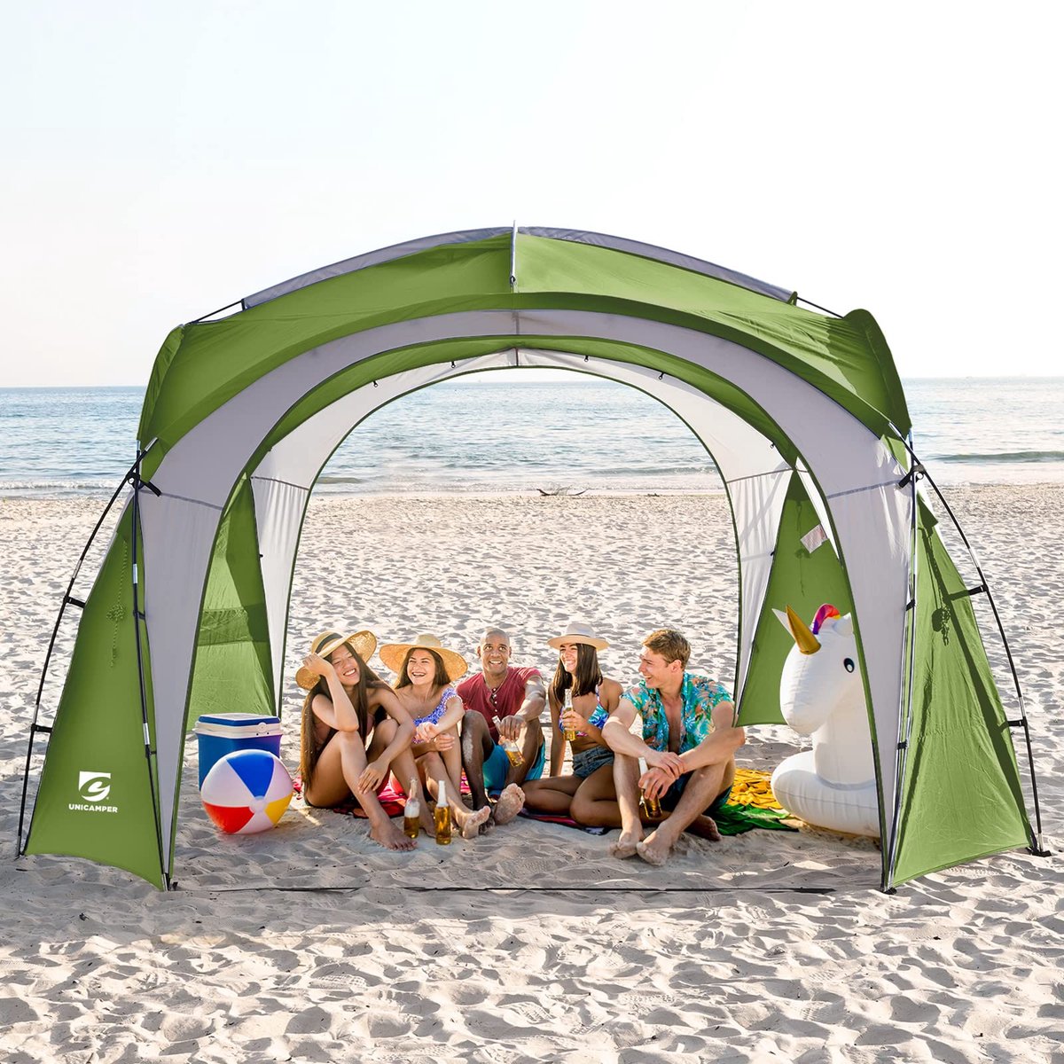 Strandtent 12 x 3,7 m - groene pop-up luifel - UPF50+ zonwering - ideaal voor buitenactiviteiten - ShopVlot