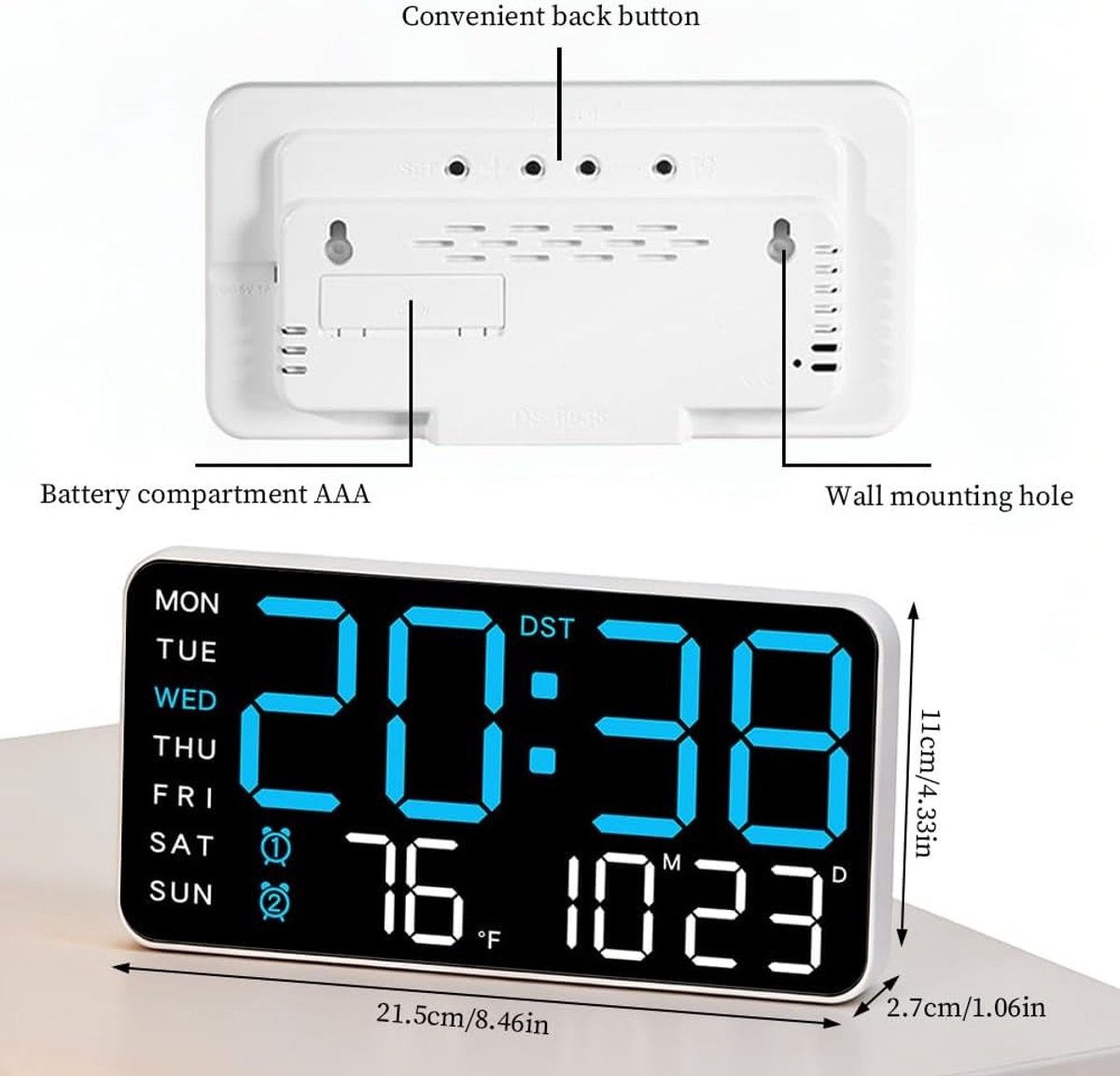 Digitale LED-wandklok met Alarm - Zwart - 21,5 x 2,7 x 11 cm - Multifunctionele Klok met Spraakbesturing - Voor Thuis en Kantoor
