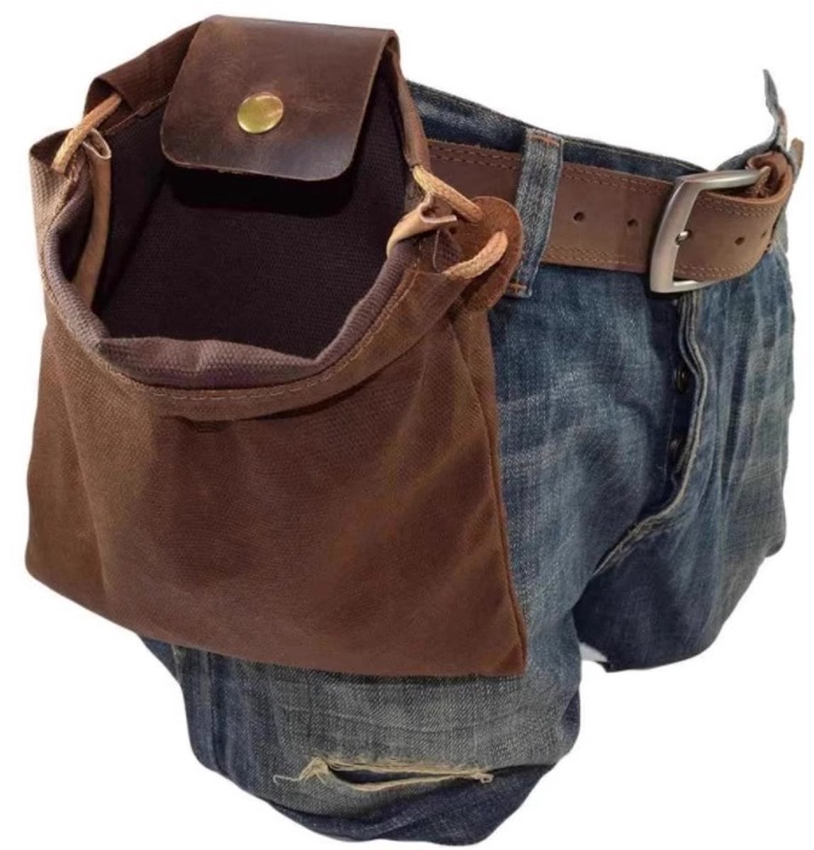 Verzamelzak voor aan de riem, wascanvas buikzak met leren klep en drukknoop, trekkoord sluiting, outdoor oogstzak voor noten bessen fruit,bruin