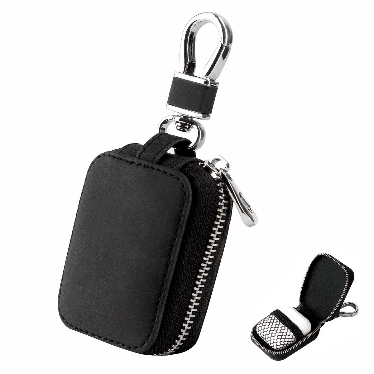 Geschikt voor AirPods 1/2/3/Pro, universele oortelefoon opbergtas met rits en metalen karabijnhaak, duurzame kunstleer beschermhoes, compact sleutelhanger tasje voor draadloze oordopjes, datakabel en kleine accessoires, zwart