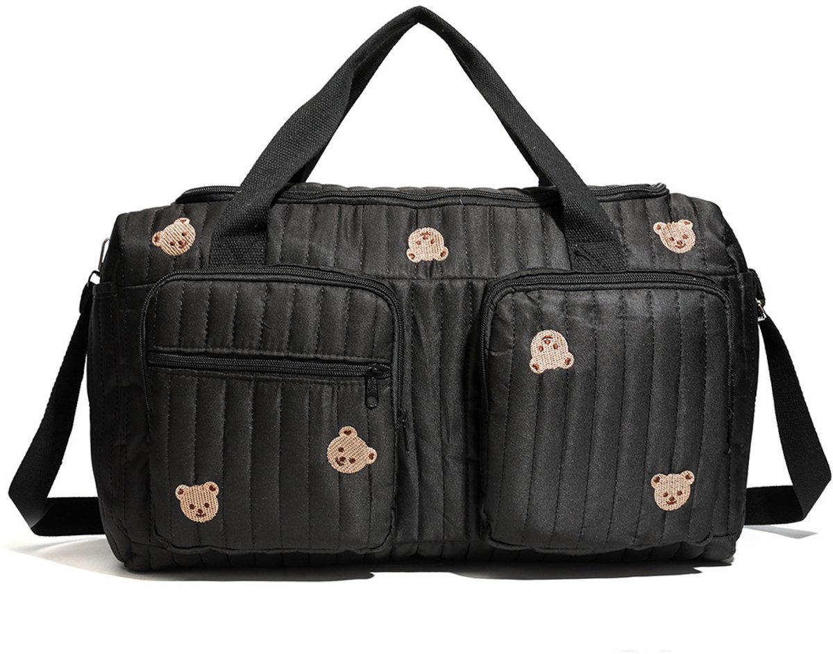 Grote gewatteerde weekendtas met beren applicatie‑borduurwerk, waterbestendige kraamtas met meerdere vakken, hand‑ en schouderdraagbaar, reis‑ en opbergtas 45 × 22 × 26 cm