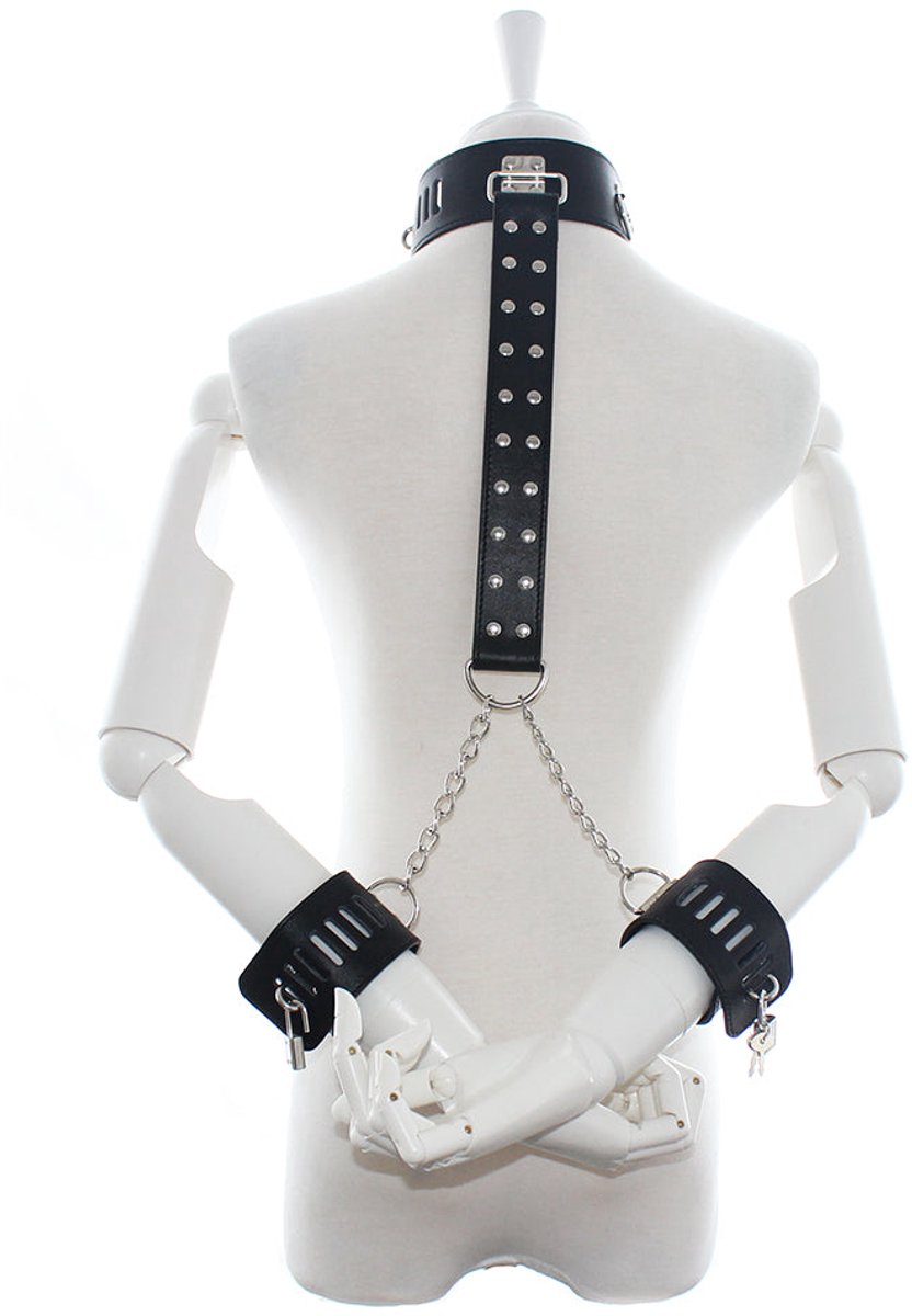 Fixxx - Collar met Bondageriem en Handboeien - Zwart - PU Leer - Verstelbaar