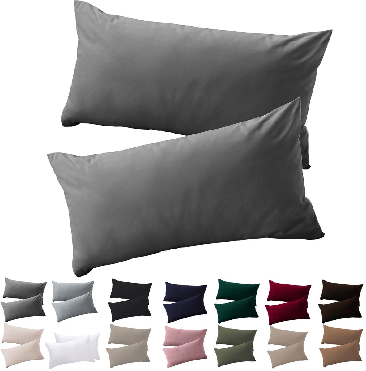 Famanu Kussensloop 40 x 80 set van 2 - kussensloop 40x80 antraciet 100% microvezel strijkvrij en kreukvrij met ritssluiting