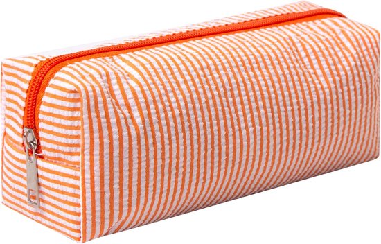 Oranje gestreept etui met oranje rits.