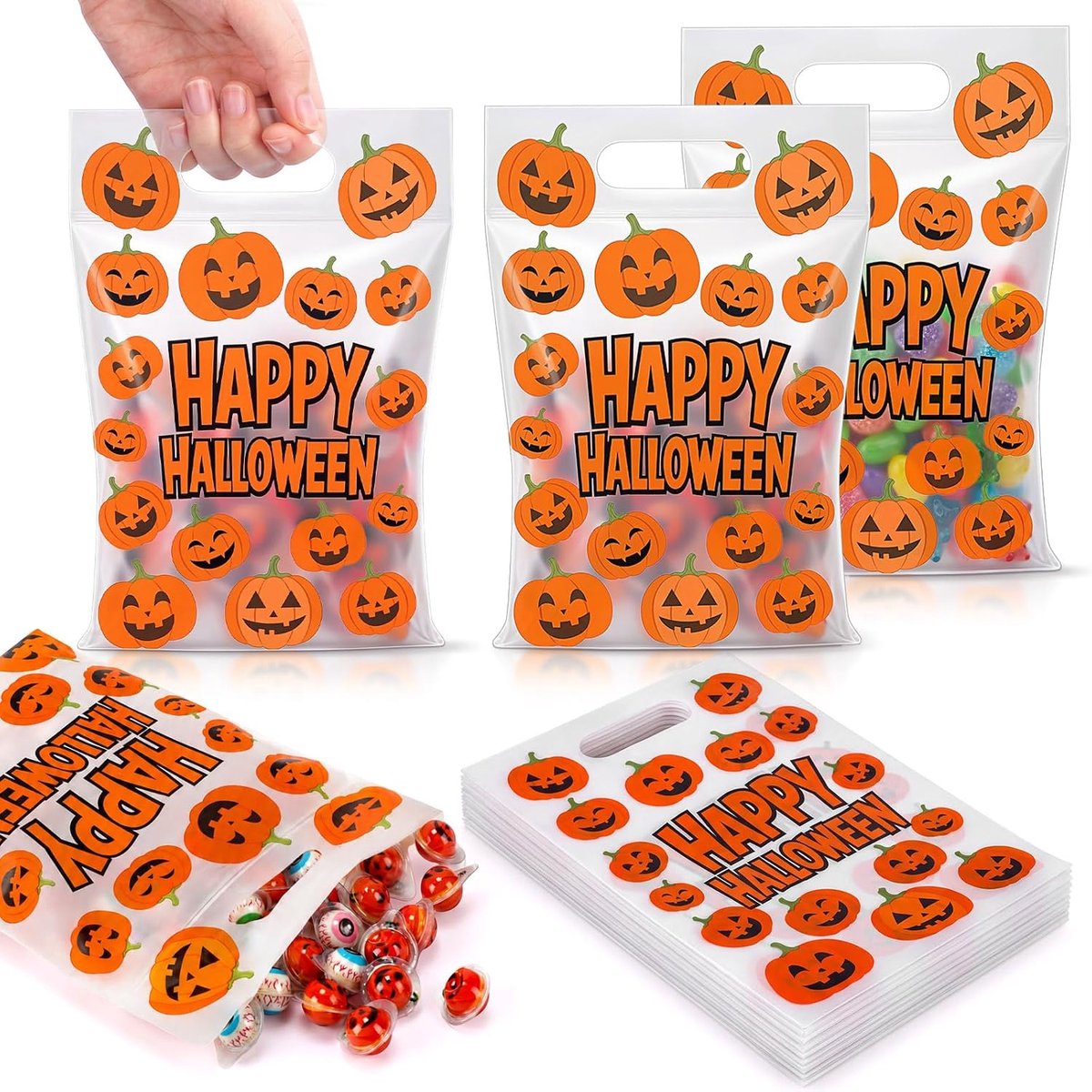 Verpakking van 50 doorzichtige Halloween-snoepzakjes in de vorm van een pompoen met handvatten, 17 x 20 cm - hersluitbare zakjes, geschikt voor kleine cadeautjes, Halloween-snoep, schoolkoekjes, Halloween-decoraties en inpakmateriaal.