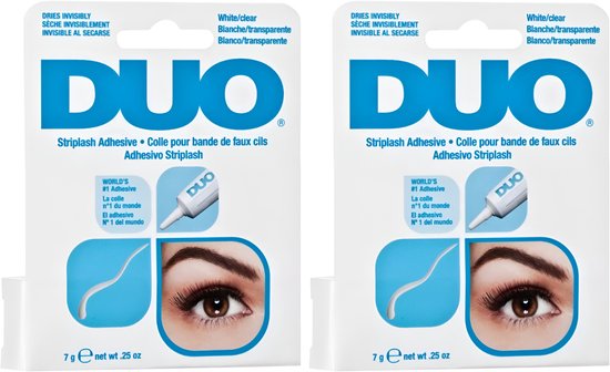 Twee verpakkingen DUO wimperlijm, wit/helder, droogt onzichtbaar. Toont oog met kunstwimpers.