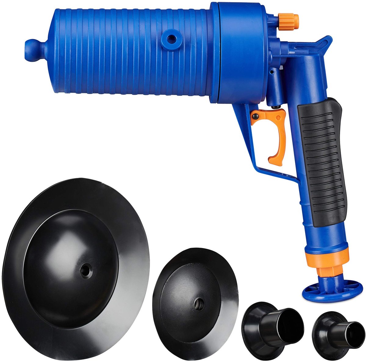 Famanu – Gootsteenontstopper met luchtdruk voor verstopte afvoeren in badkamer en keuken, inclusief 4 opzetstukken, blauw
