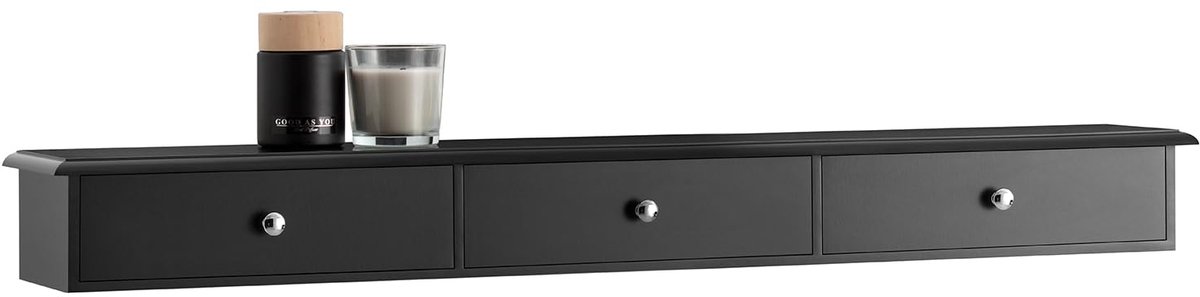 Famanu – Wandkast en badkamerkast met 3 laden, hangrek en wandgarderobe, 93 x 10 x 15 cm, zwart, ideaal voor het organiseren van kleine ruimtes