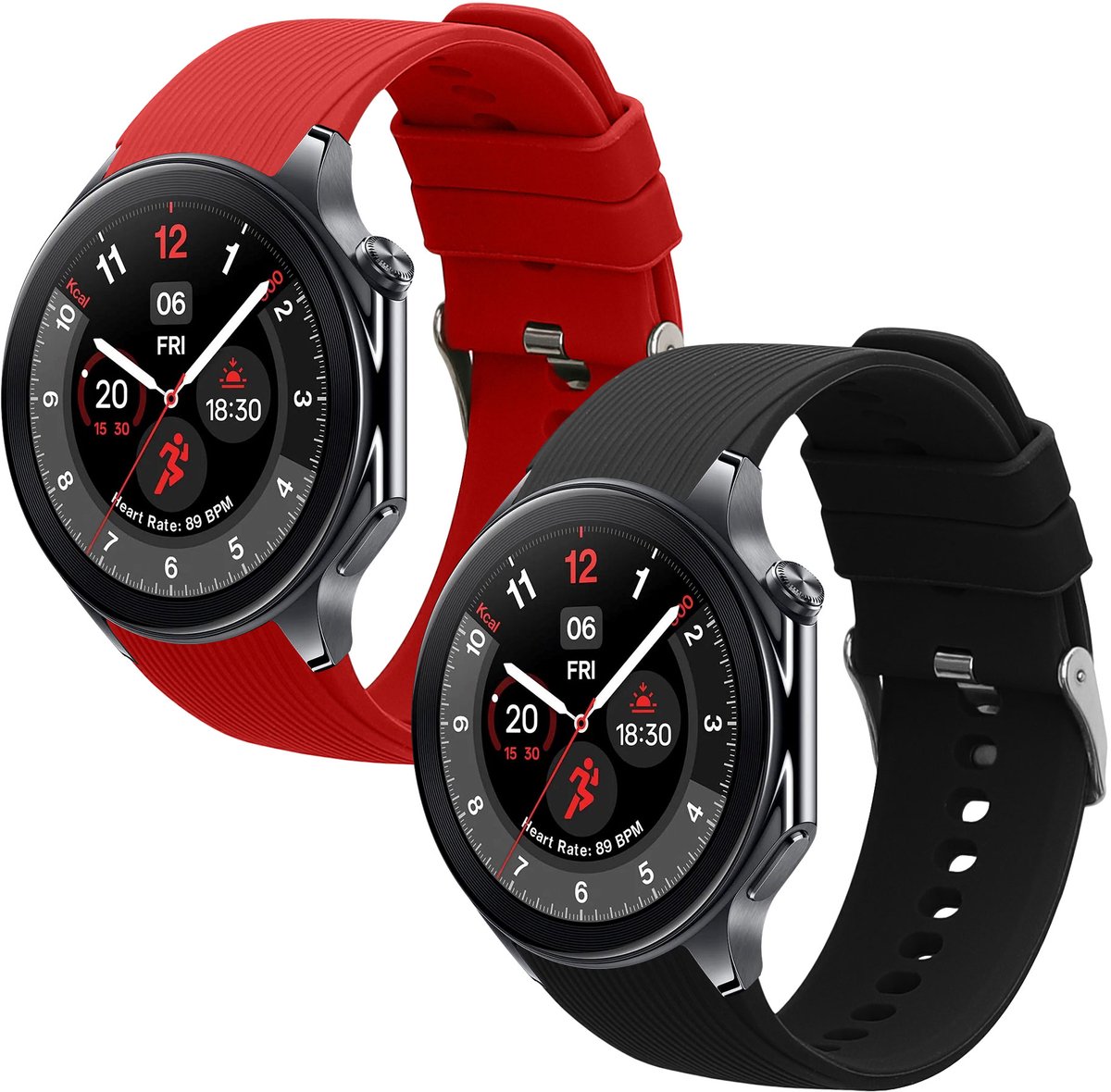 kwmobile 2x horlogebandjes geschikt voor OnePlus Watch 3 / 2 / 2R / Oppo Watch X2 bandje - Smartwatch bandjes van TPU - Activity tracker horloge band in zwart / rood
