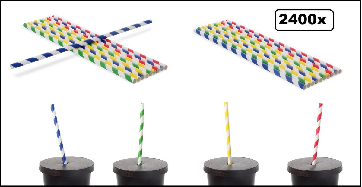 2400 stuks Papieren rietjes kleuren mix 23cm x 6mm - 100% biologisch afbreekbaar - Festival milkshake rietje drinken