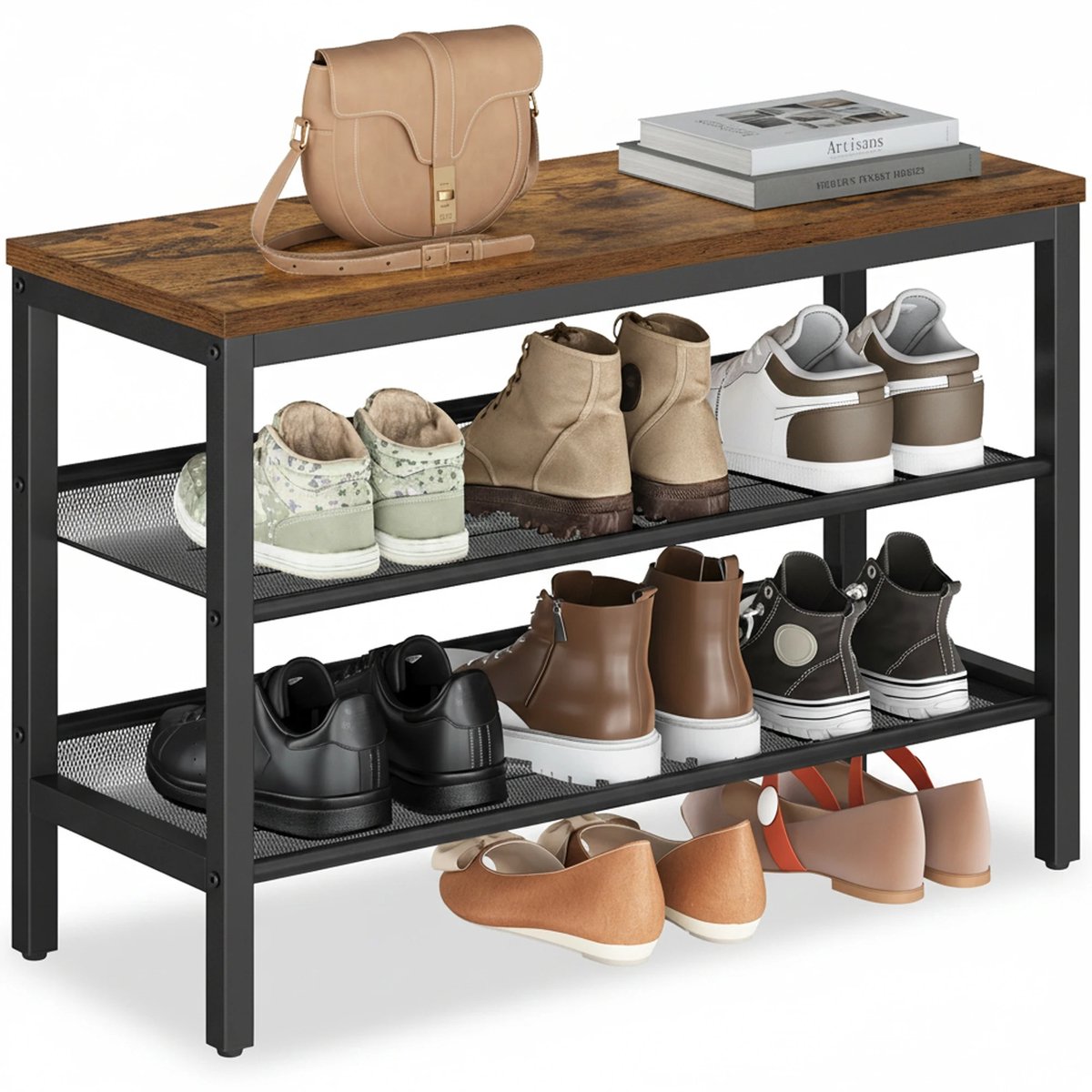 Vurnomi Schoenenrek - Halbank - Industriele kast - Schoenenplank - Halmeubel - 3 laags - 28x75x50 cm - Schoenenbank zwart