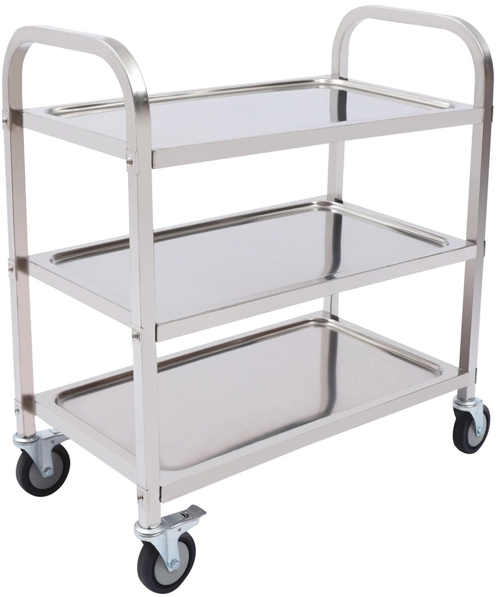 Molhaus Keukentrolley - Professionele Serveerwagen - 3 RVS Plateaus - 4 Zwenkwielen - 2 Remmen - 20 kg per Plateau - INOX