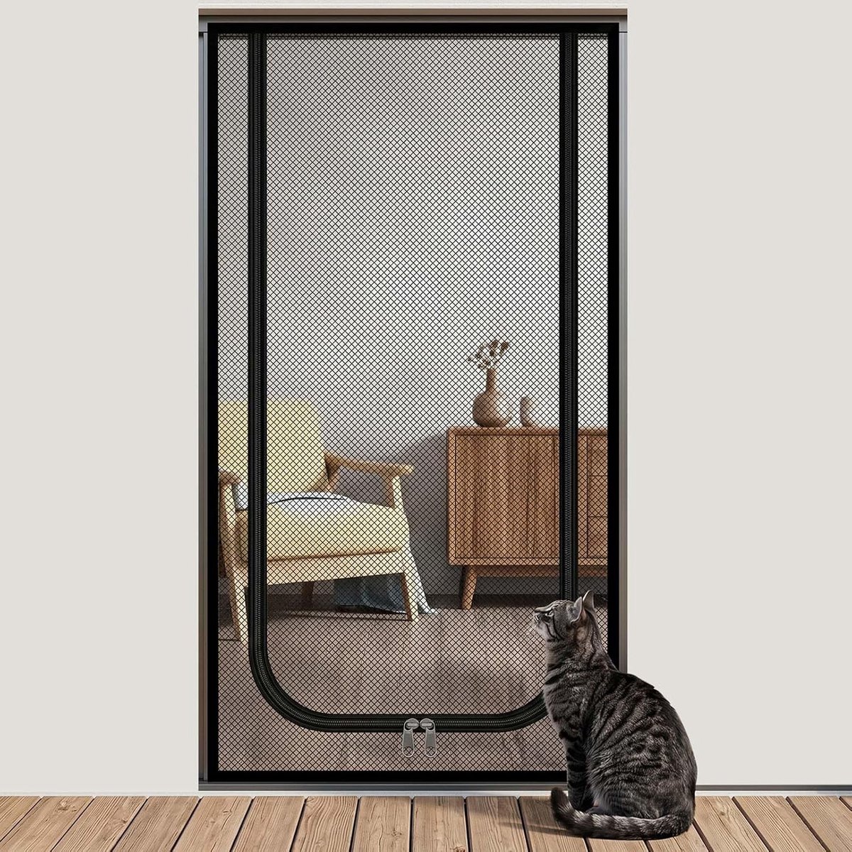 Kattenbeschermingsdeur voor balkon 90 x 200 cm, Insectenwering met rits, Versterkt nanonet, Veiligheid voor huisdieren en buitenruimtes, Grijs Zwart