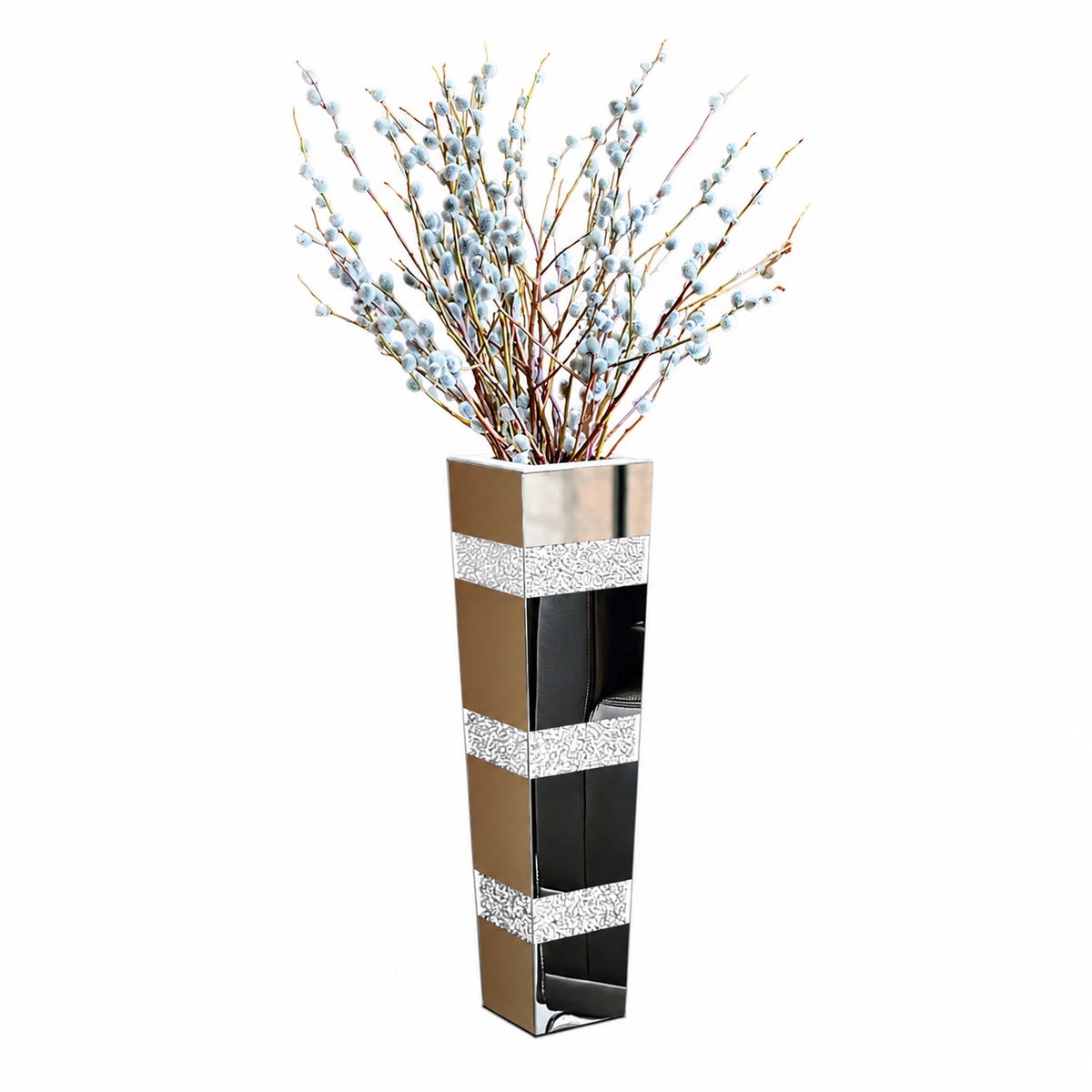 Atlasyx bloemenvaas - Grote vaas - Hoge vaas - Vloervaas - Decoratie vaas - Spiegelende Afwerking - 14 x 13,5 x 71,5 cm - Zilver