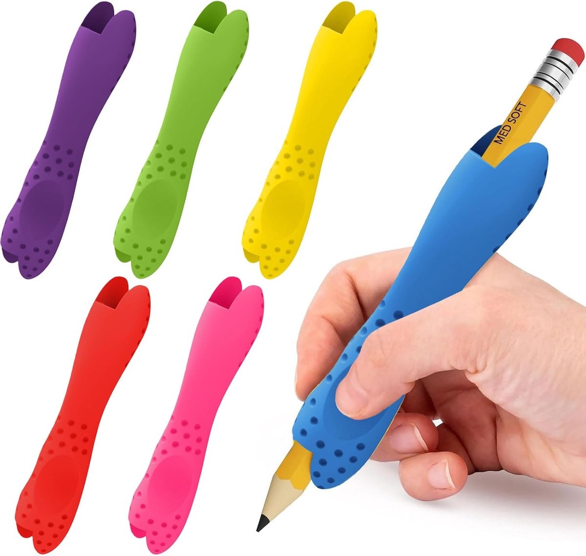 Set van 6 Siliconen Schrijfhulpmiddelen, Potloodgrepen met Antislip, Penhouder voor Teken- en Schrijfvaardigheden voor Links- en Rechtshandigen