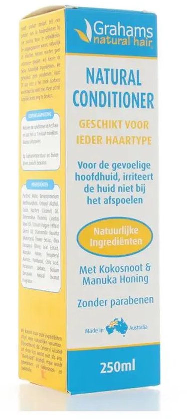 Grahams Natural Conditioner, 250ml fles met blauwe en gele tekst. Geschikt voor elk haartype, natuurlijke ingrediënten met kokosnoot & Manuka honing.
