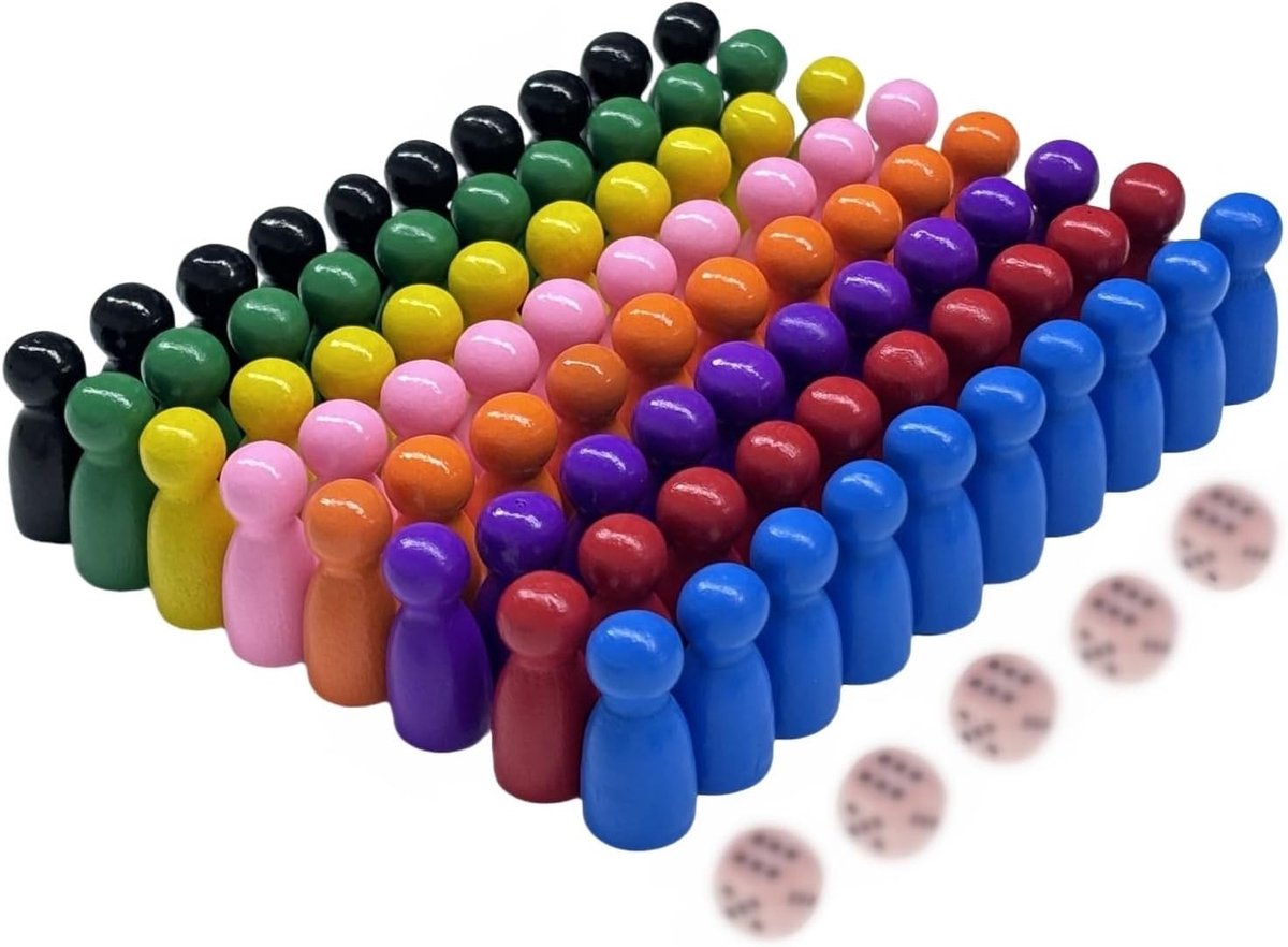 Houten speelset met 80 onderdelen, inclusief dobbelstenen, poppetjes, meubels en kleurrijke decoratie voor creatief spelplezier