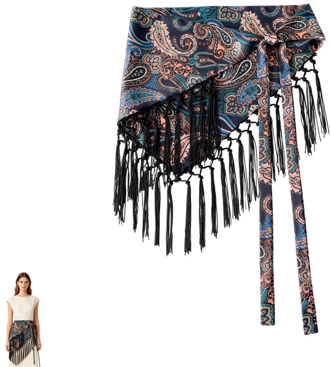 1 stuk - Driehoekige tailleband met kwastjes - Gehaakte hoofdband - Smalle satijnen riem in sjaalstijl - Tailleband met kwastjes voor rokken - Tailleband 175 cm * 30 cm - Modieus kledingaccessoire - Geschikt om te combineren met jurken en jeans