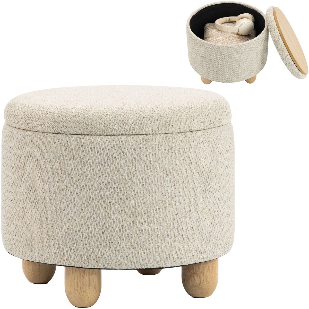 HOMCOM Opbergpoef - Jute canvas (100% polyester), rubberhout - 38,5 x 38,5 x 33,5 cm - Beige