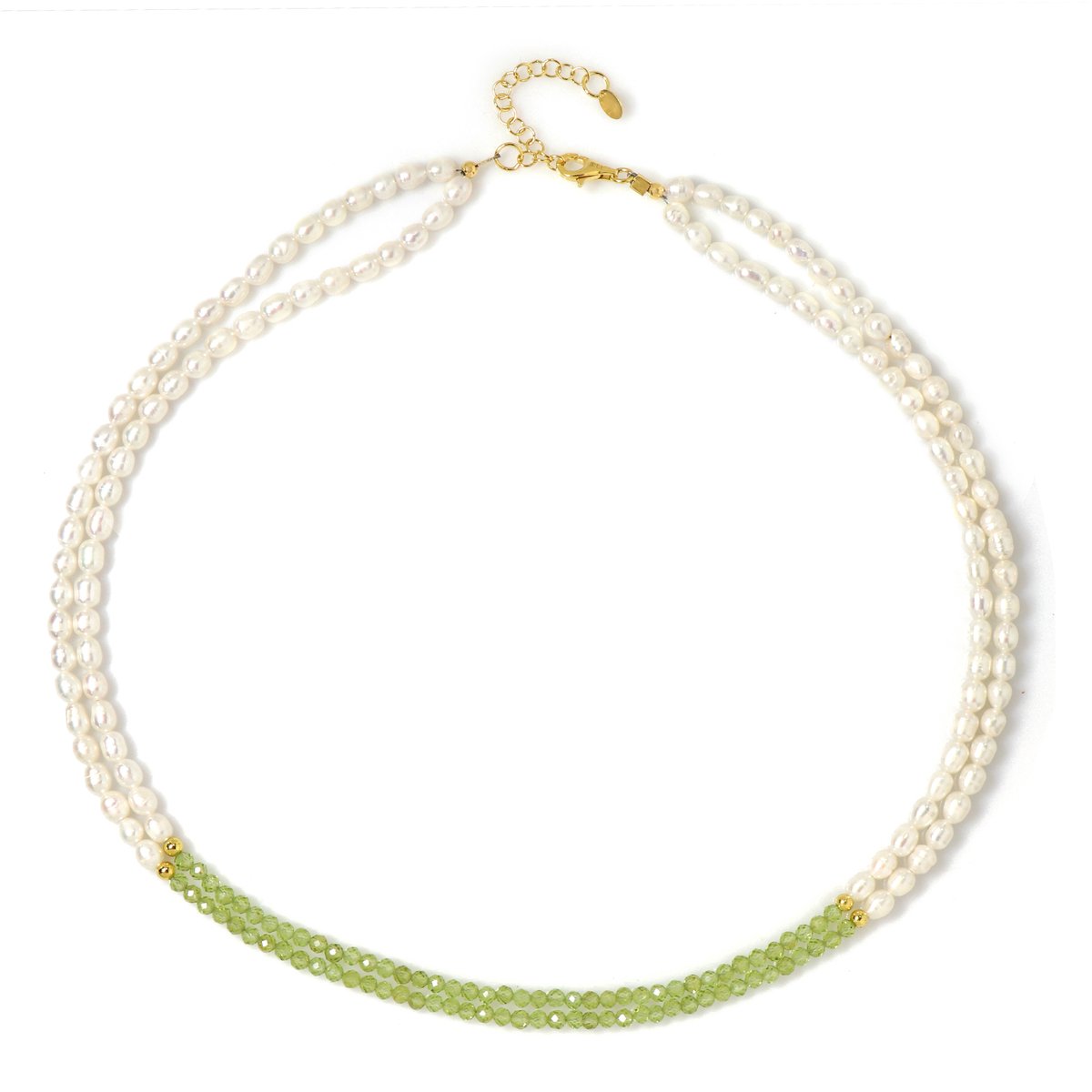 Cavill - 925 Sterling Zilver Vergulde Ketting - 22,23 ct Peridot & Witte Zoetwaterparels - Elegante Tweerijige Luxe Ketting 45-50 cm