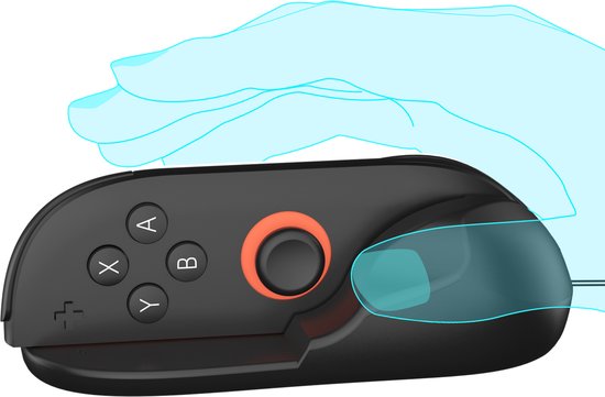Hand die een zwarte controller grip vasthoudt met een oranje knop en blauw omlijnde digitale hand.