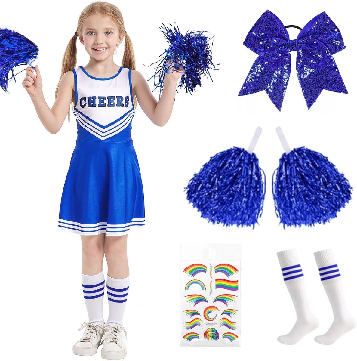Kostuum voor Cheerleaders voor Kinderen en Vrouwen, Inclusief Pompoms, Sokken en Bogen voor Carnaval en Halloween, Perfect voor Feestjes en Theatervoorstellingen