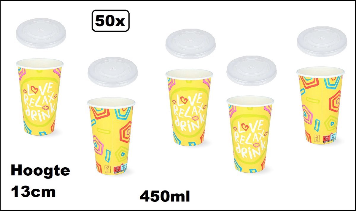 50x Milkshake beker Relax geel 450ml + 50x deksel - Karton - Drinken beker thema feest festival evenement fun diner milkshakebeker