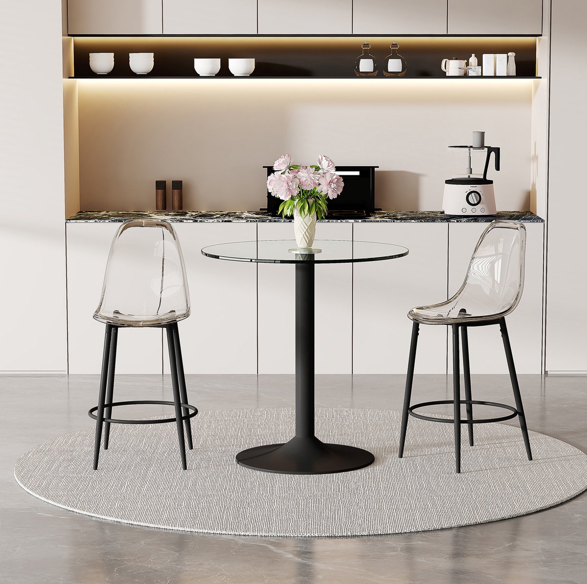 Wishdor Barset glazen tafel 89 cm 2 barkrukken - Transparant modern - Zwart metalen frame met voetsteun - Voor keuken en bar - Ruimtelijk en licht
