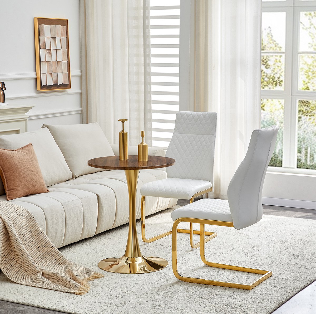 Wishdor Set tafel en stoelen - Rond 60 cm - 2 stoelen walnootlook - Modern wit goud - MDF metaal PU leer - Voor eetkamer keuken kleine ruimte - 60 x 72 x 100 cm
