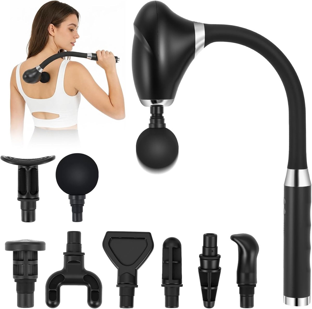 Massagepistool - Zwart - Handgehouden Ergonomisch Spiermassageapparaat met 8 Opzetstukken en 5 Snelheden - Voor Draagbaar Gebruik