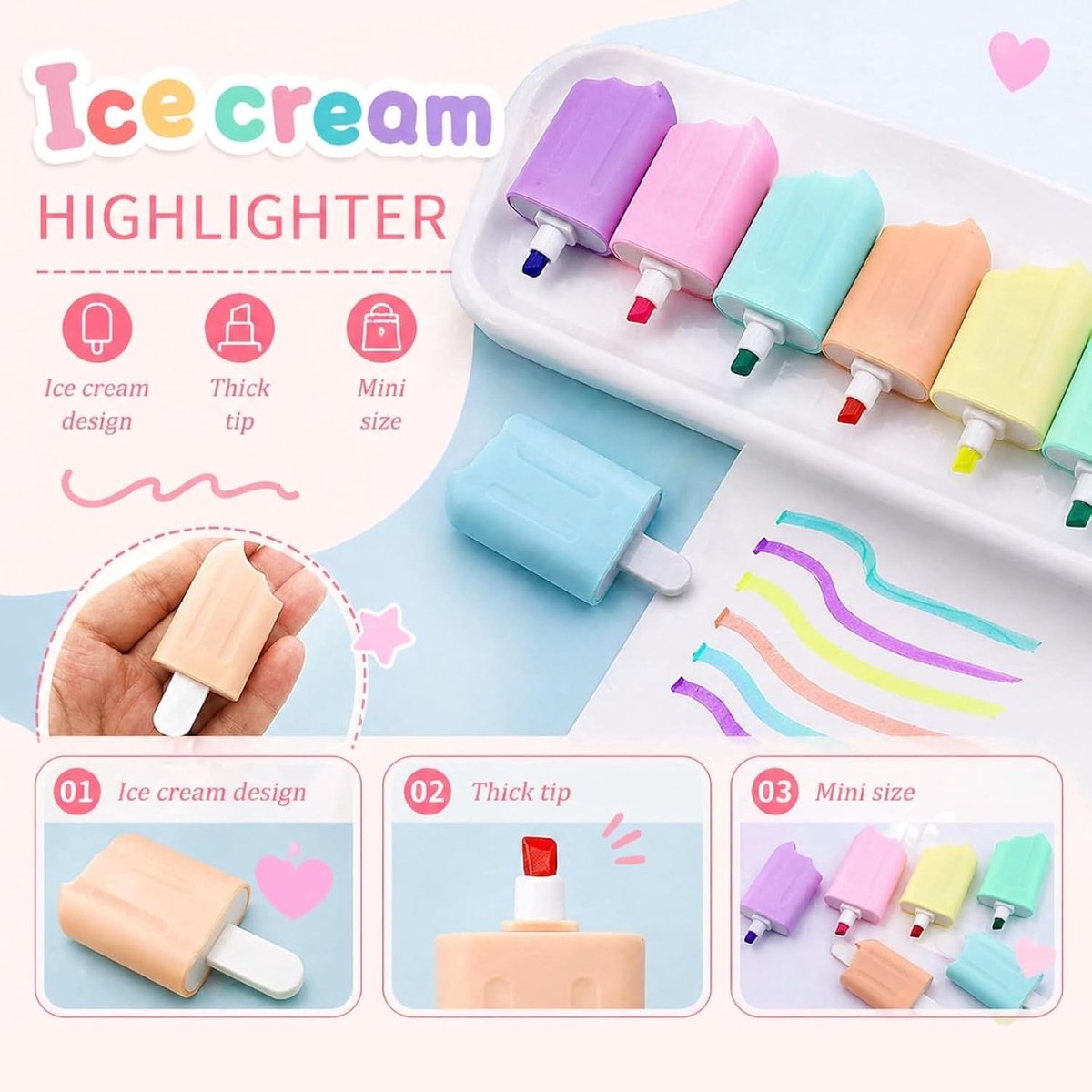 Mini-Markering Stiften Set - Pastelkleuren - 6,8 cm - Fluorescerende Ijsvormige Stiften - Voor School en Creatieve Projecten