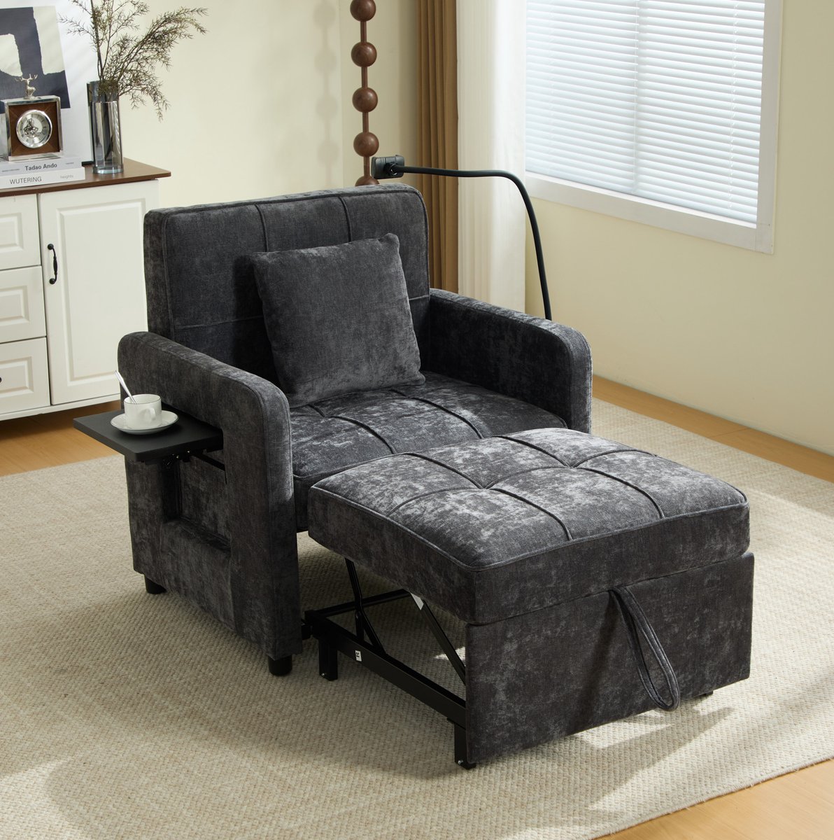 Wishdor Fauteuil 2-in-1 - Verstelbare rugleuning en voetensteun - Chenille - Donkergrijs - Met kussen, zijvak, tablet en telefoonhouder - 167 x 79 x 83 cm