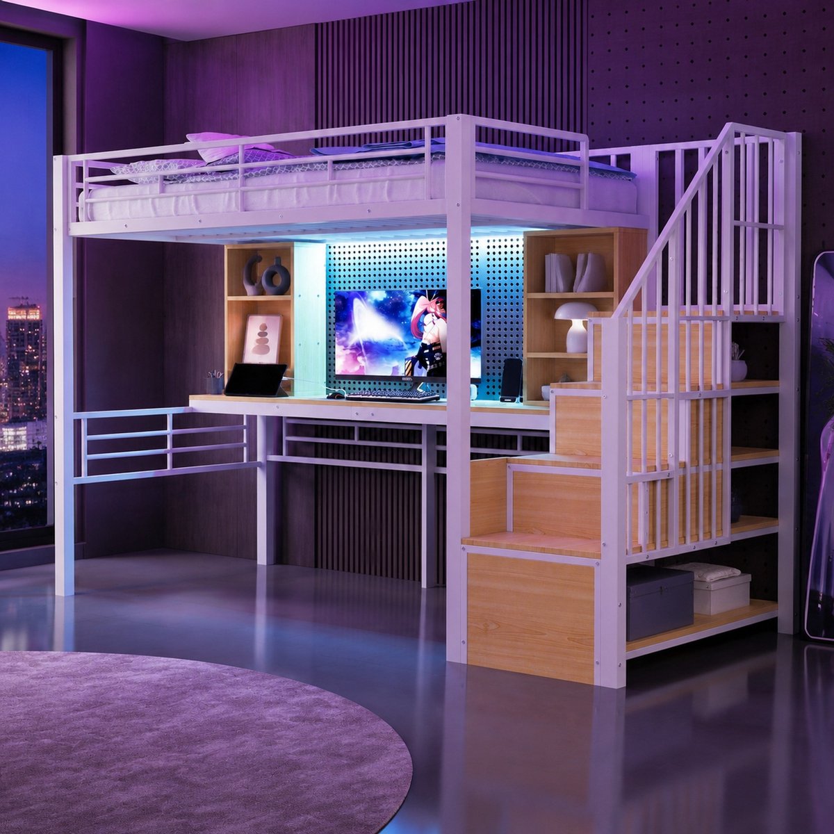 Wishdor Hoogslaper 90 x 200 cm - Met bureau en opbergruimte - Met trap en LED-verlichting - Metaal en MDF - Wit - Kinderen slaapkamer kantoor - 253,2 x 98,5 x 172,6 cm