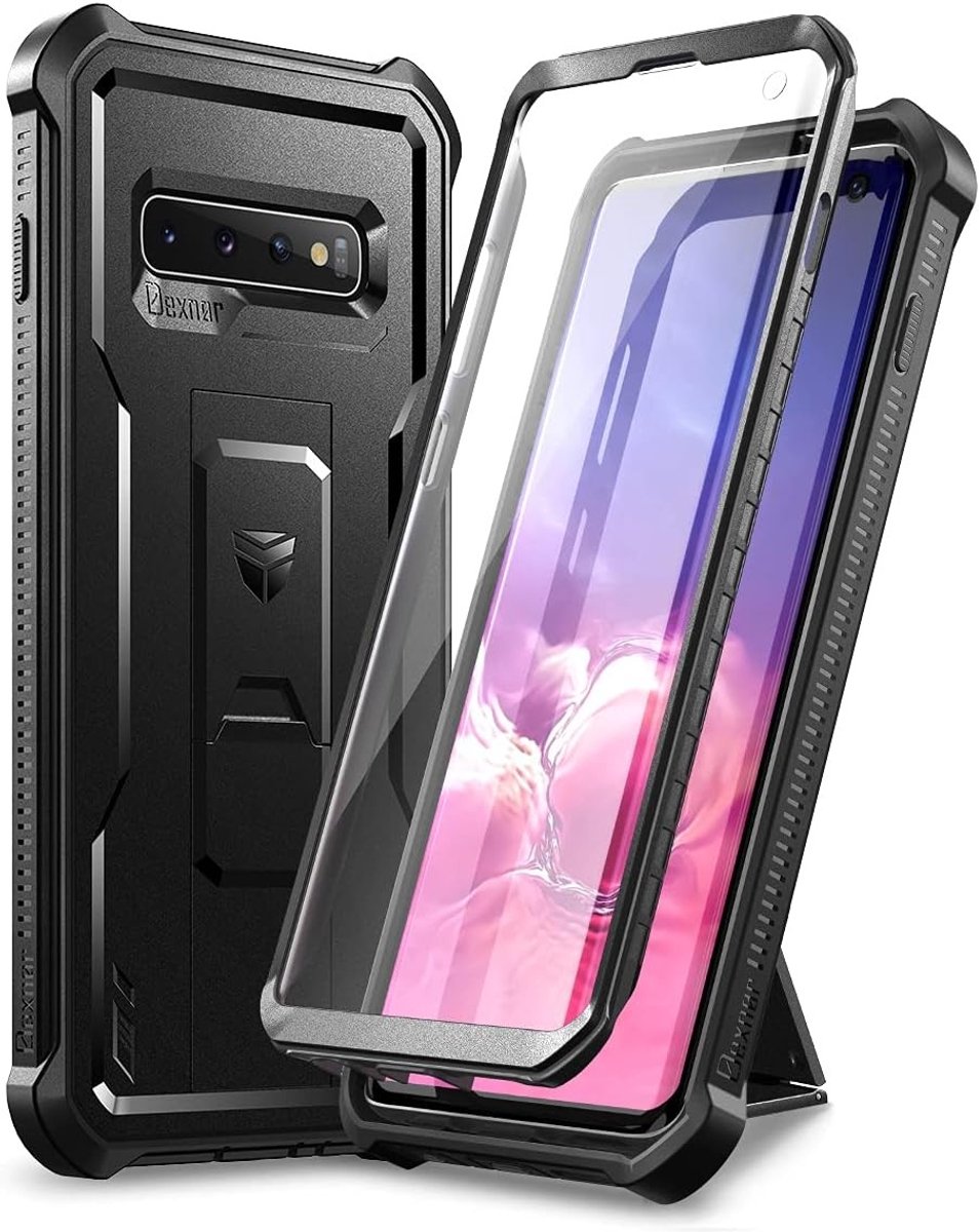 Zware Schokbestendige Hoes voor Samsung S10 met Ingebouwde Schermbeschermer en Kickstand - Zwart, Militaire Kwaliteit, Duurzaam en Beschermend