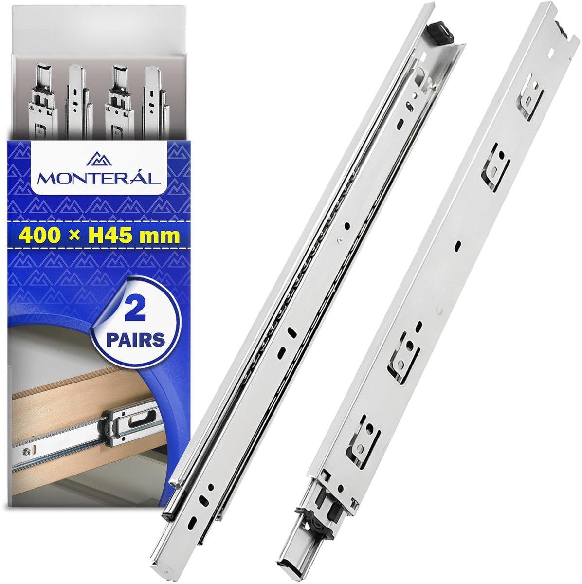 2 Pairs Ball Bearing Drawer Runners 400 mm x H 45 mm Load Capacity 50 kg - ShopVlot