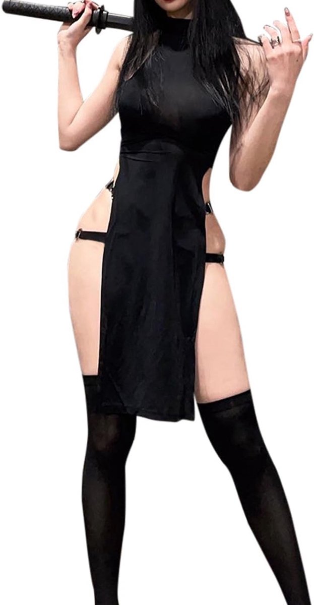 Vrouwen Hoge Split Goth Tank Jurk - Zwart - Eén Maat - Zachte Polyester Blend - Voor Cosplay en Vrijetijdskleding