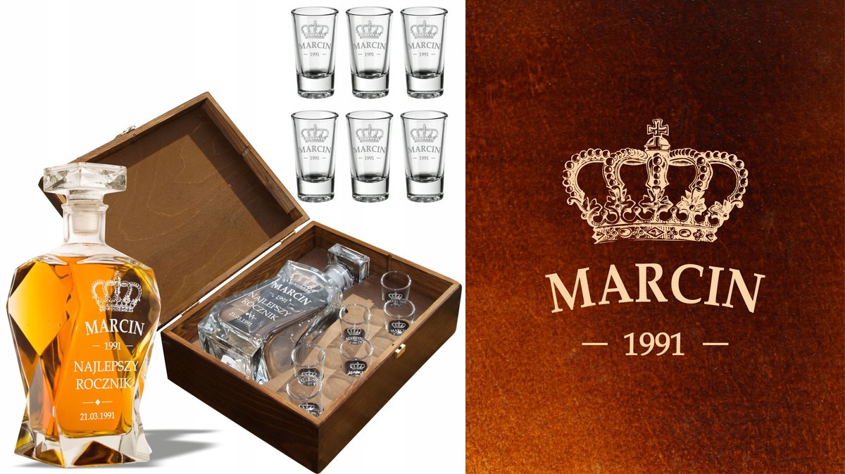 Karaf met gravure en 6 glazen van 25 ml in een decoratieve doos
