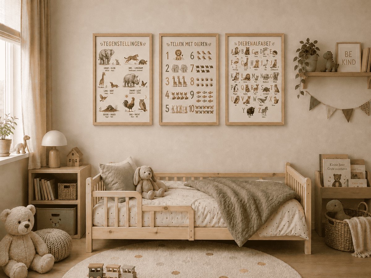 Educatieve Kinderposters met Dieren – Set van 3 A4 Posters met Houten Lijst – Dierenalfabet, Tellen en Tegenstellingen