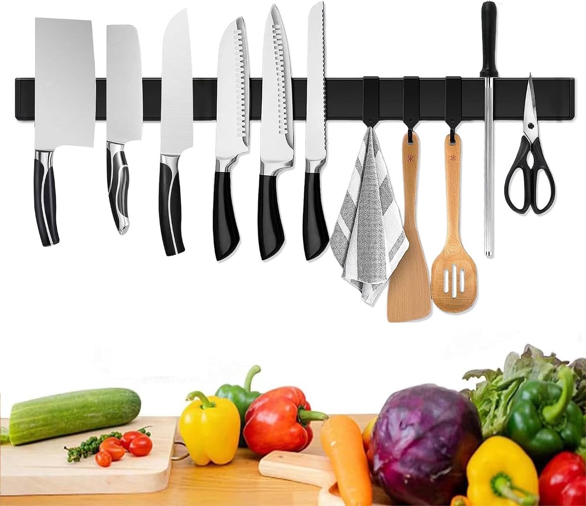 Messenhouder - Zwart - 58.5 cm - Magnetische Wandhouder met Haken - Voor Gereedschap en Keukengerei