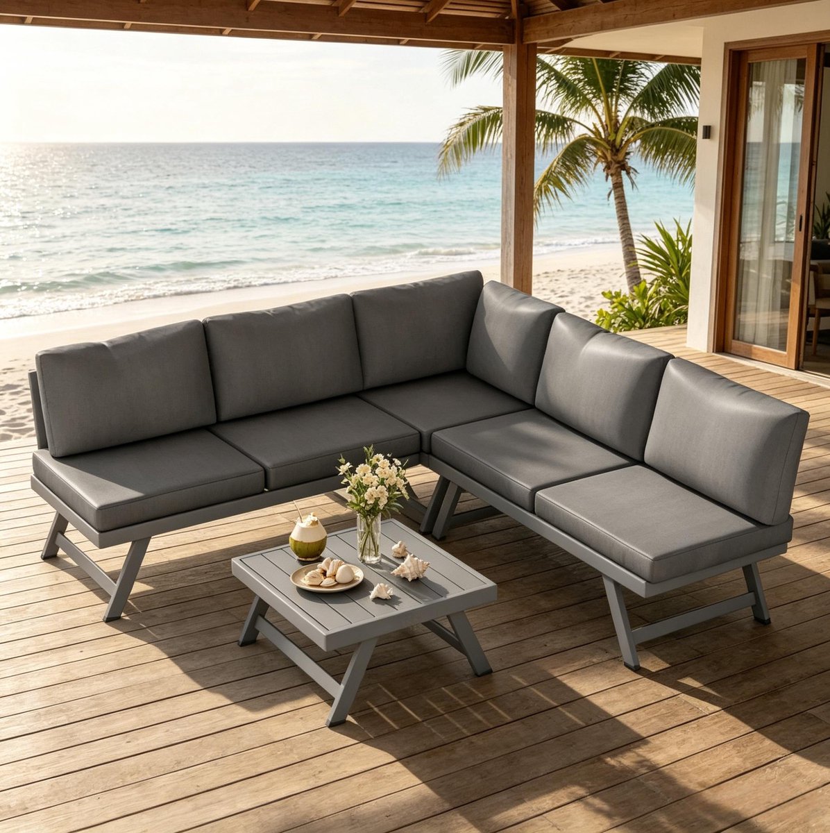 OKWISH Hoek Loungeset - 5-Zits Met Tafel En Kussens - Voor Tuin En Terras - Metaal, Aluminium, Polyester - Grijs