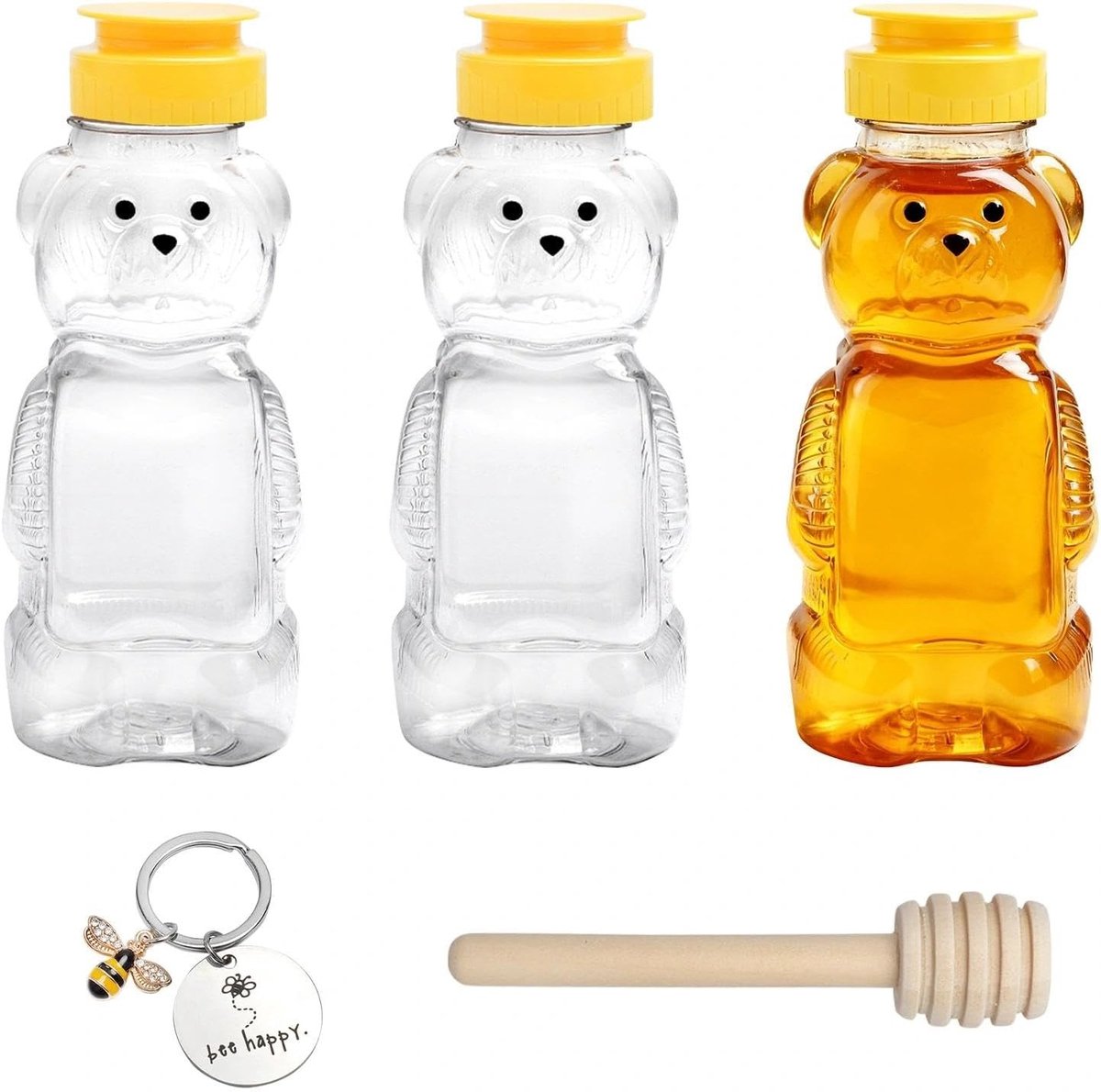 Honingdispenser - Wit - 250 ml - Transparante Knijpfles met Honingstick en Sleutelhanger - Voor Keuken en Kinderen