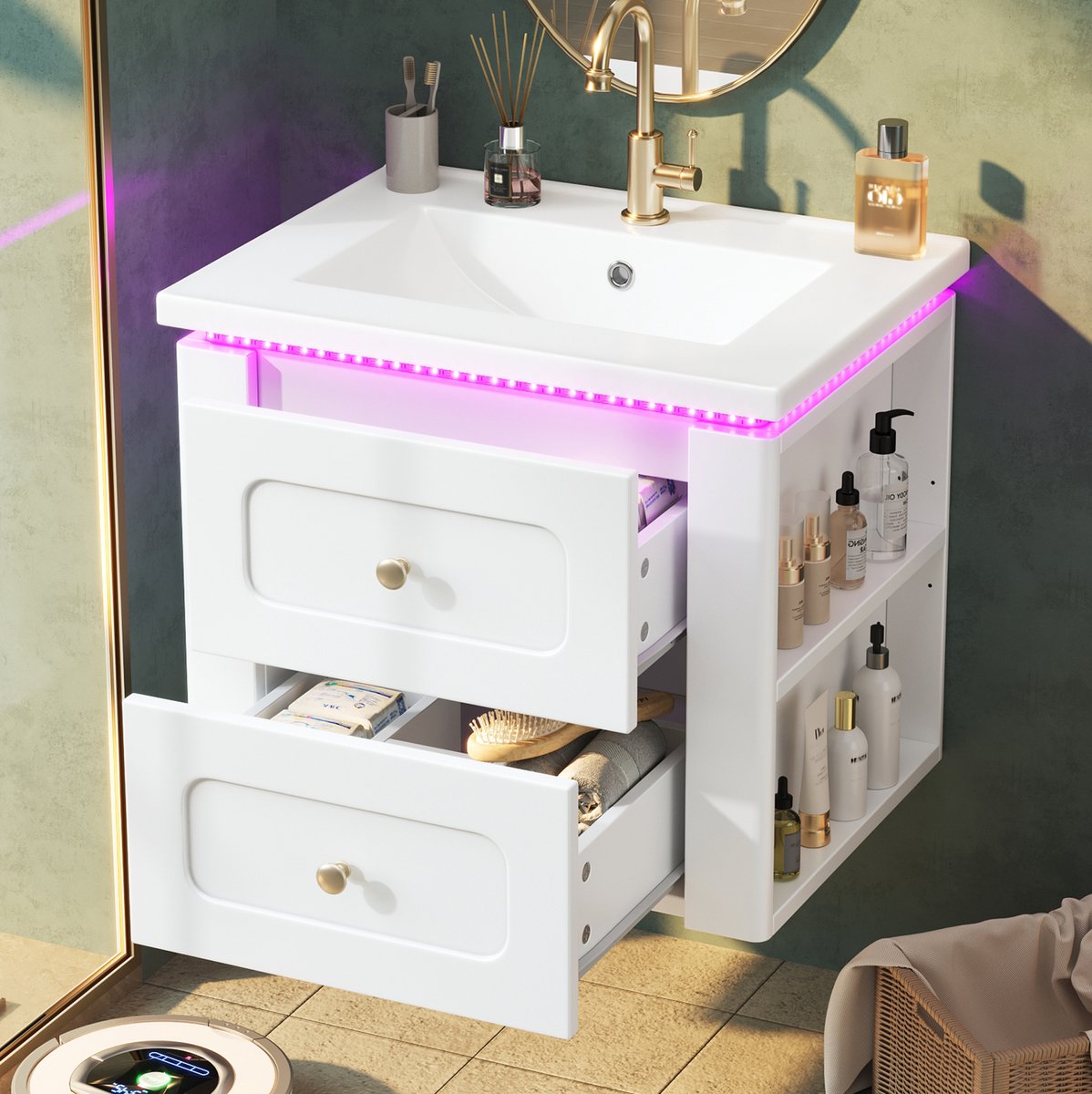STILVORA Badkamermeubel - Wandhangend Met LED - 2 Laden En Verstelbaar Zijvak - Keramische Wastafel - 61x47x50 Cm - Glanzend Wit