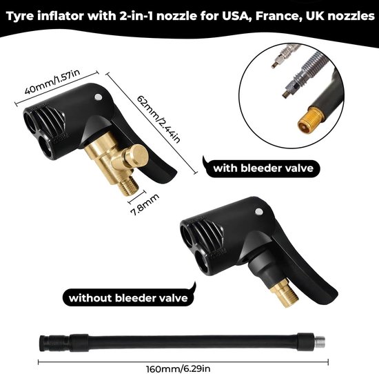 2-in-1 Schrader - Fietspomp Adapter Ventielkop - Geschikt voor Presta, Schrader en Dunlop - Messing Bandenpomp Hulpstuk met Slang - Zwart — afbeelding 5