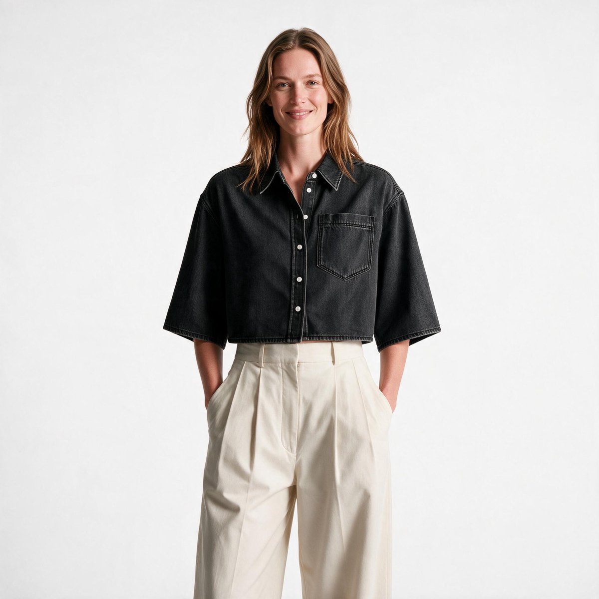 Imily Bela Dames Cropped Blouse met Korte Mouwen en Borstzak
