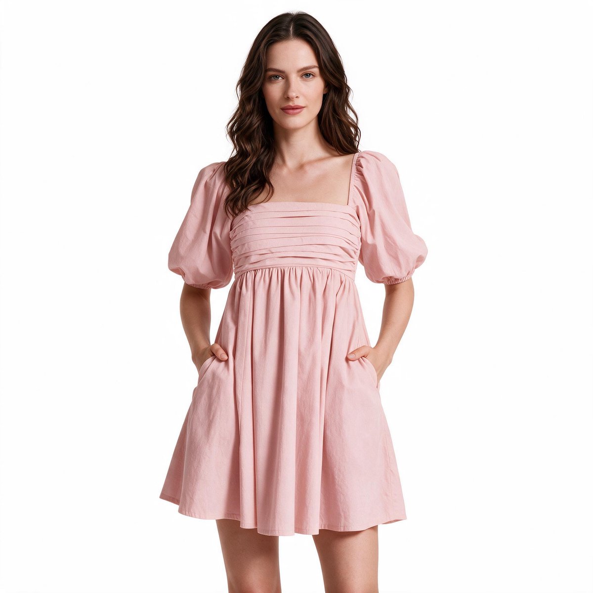 Imily Bela Dames Babydoll Mini Jurk met Vierkante Hals en Pofmouwen